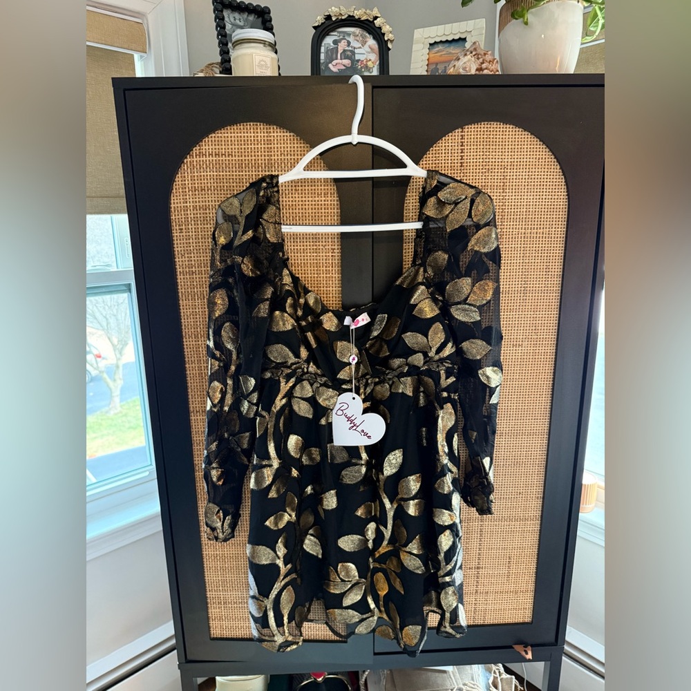 Buddy Love Black Dress with Gold Leaf Design